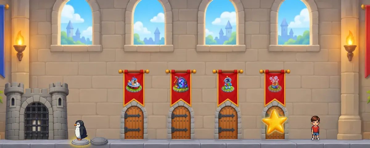 The castle room: four game doors under red banners, a star on a game already won, the boss's gate and the child's character