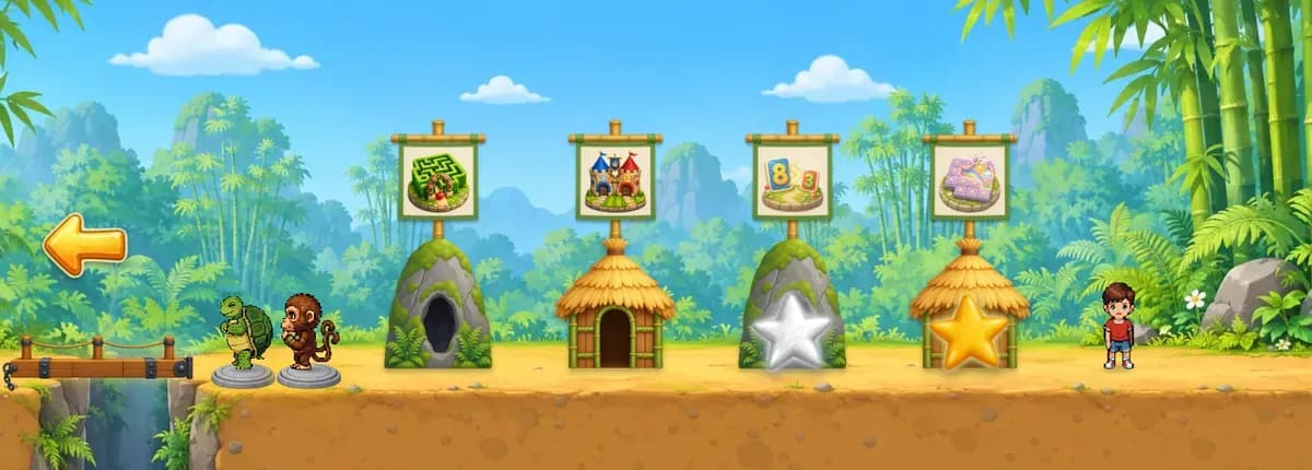 The jungle room: four game doors under their games' flags, stars on the games already won, and the child's character